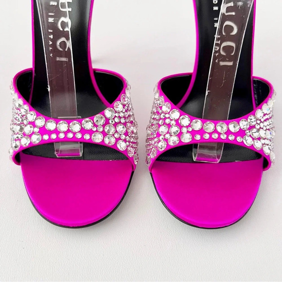 NEW GUCCI Crystal GG Embellished Hot Pink Fuchsia Satin Heel Sandal Ankle Strap - Picture 7 of 16